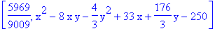 [5969/9009, x^2-8*x*y-4/3*y^2+33*x+176/3*y-250]